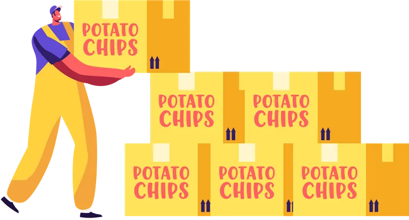 Courier Male Delivering Potato Chips Boxes Illustration