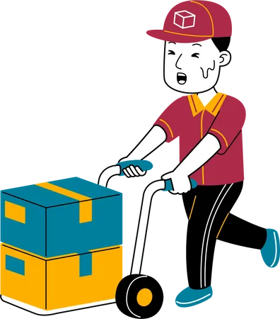 Courier man brings package with trolley  Illustration