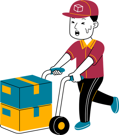 Courier man brings package with trolley  Illustration