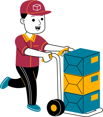 Courier man brings package with trolley  Illustration