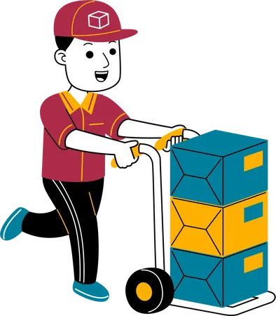 Courier man brings package with trolley  Illustration