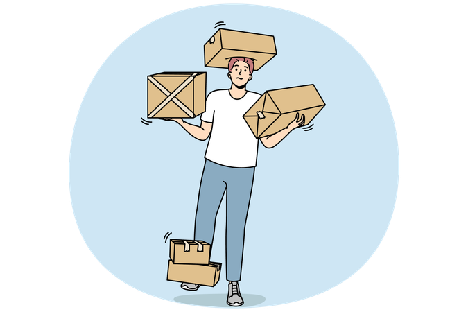 Courier man carries cardboard boxes with goods  Illustration