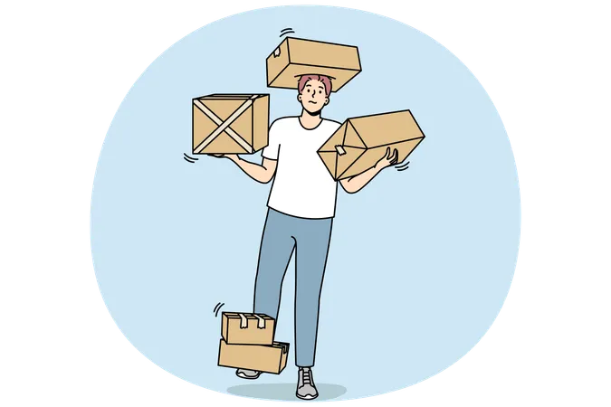 Courier man carries cardboard boxes with goods  Illustration