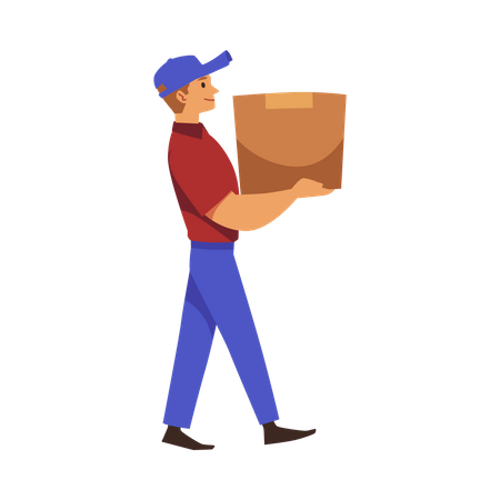 Courier man carrying heavy cardboard  Illustration