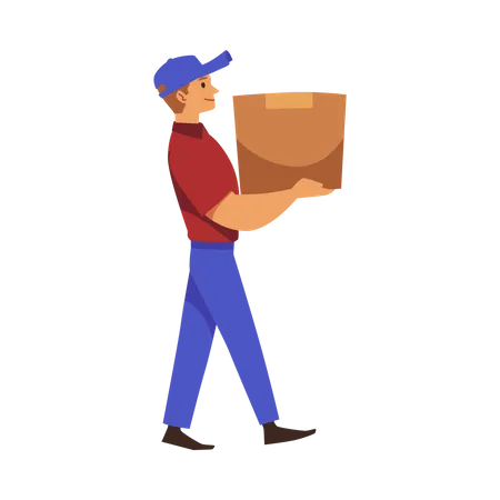 Courier man carrying heavy cardboard  Illustration