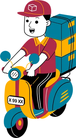Courier man delivers the package by motorbike  Illustration