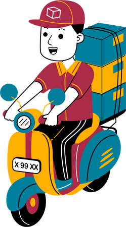 Courier man delivers the package by motorbike  Illustration