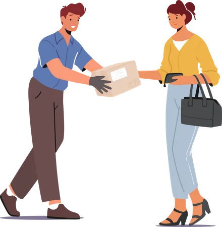 Courier Man Give Parcel Box To Woman  Illustration