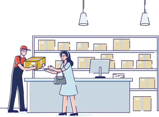 Courier man giving woman her parcel in Post office  Illustration