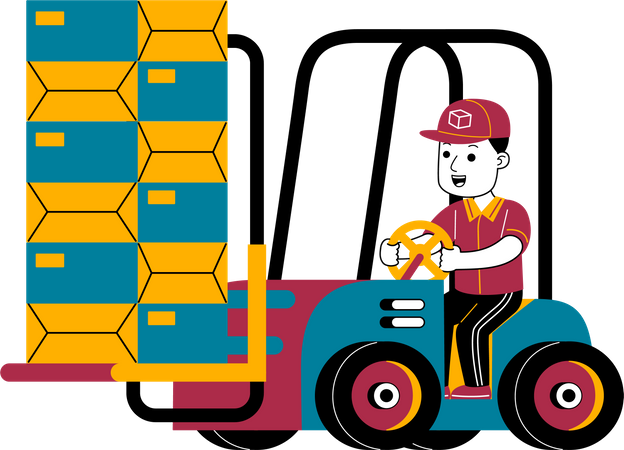 Courier man moves packages with forklift  Illustration
