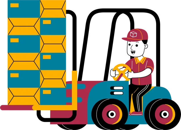 Man Courier Moves Packages With Forklift Illustration