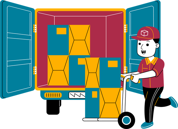 Courier man puts the package in the box car  Illustration