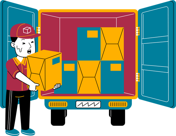 Courier man puts the package in the box car  Illustration