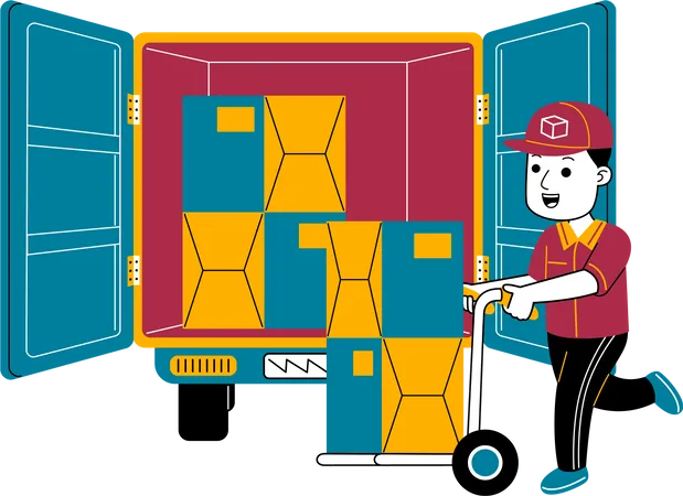 Man Courier Puts The Package In The Box Car Illustration