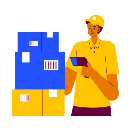 Courier Man scanning barcode on delivery box Illustration