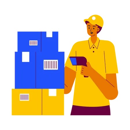 Courier Man scanning barcode on delivery box Illustration