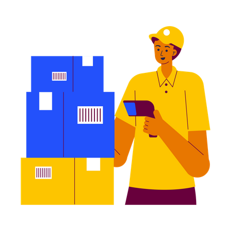 Courier Man scanning barcode on delivery box  Illustration