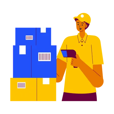 Courier Man scanning barcode on delivery box  Illustration