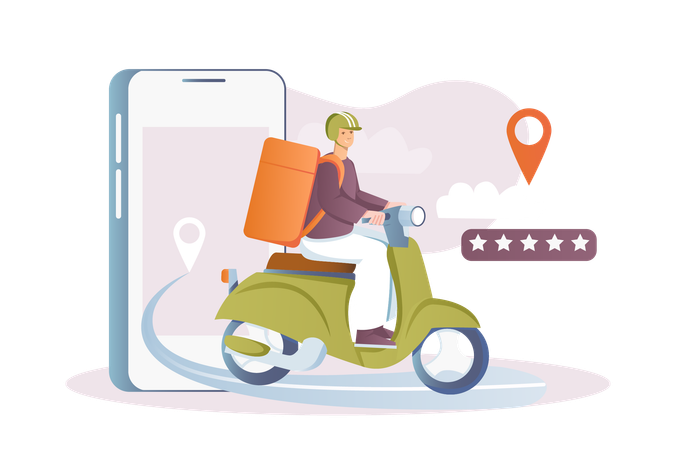 Courier on moped delivers food  Illustration