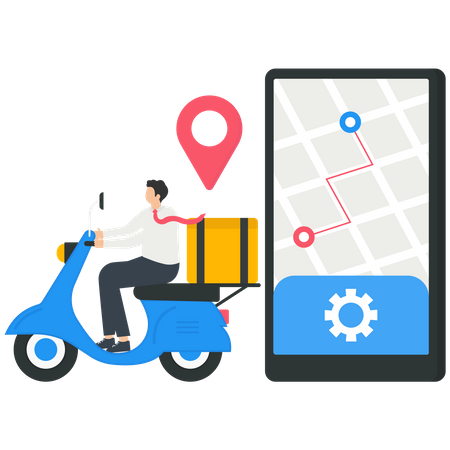 Courier on scooter delivering parcel box  Illustration