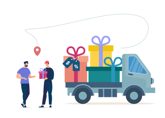 Courier or Deliveryman Arrived on Truck Full of Gifts, Giving Wrapped Box to Store Client Illustration