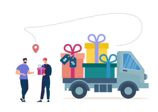 Courier or Deliveryman Arrived on Truck Full of Gifts, Giving Wrapped Box to Store Client  Illustration