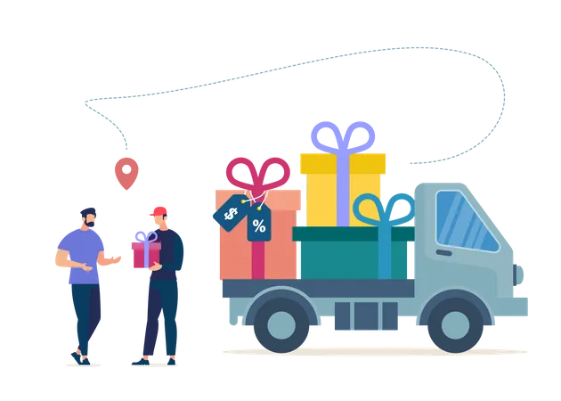 Courier or Deliveryman Arrived on Truck Full of Gifts, Giving Wrapped Box to Store Client  Illustration