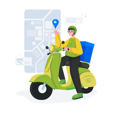 Illustration Of Online Shopping Delivery Service With A Courier Ready To Send Packages Using A Scooter Concept Illustration