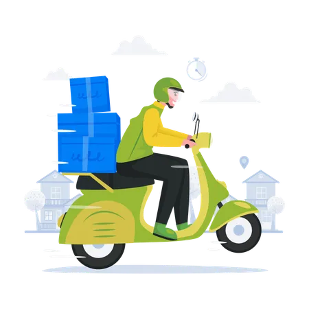 Illustration Of Online Shopping Express Delivery Service A Courier Speeds On His Scooter Illustration