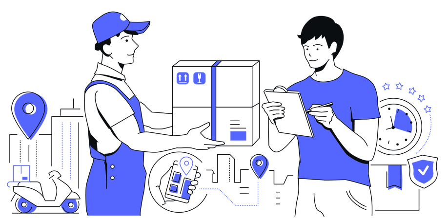 Courier stretching a box and man signing a documents for the parcel  Illustration