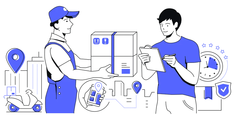 Courier stretching a box and man signing a documents for the parcel  Illustration