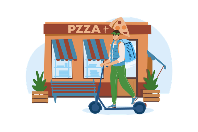 Courier took the pizza from the cafe to deliver it to customers  Illustration