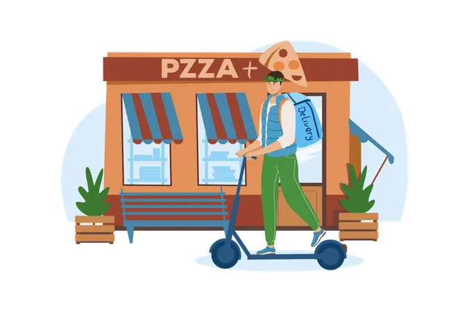 Shop Blue Concept With People Scene In The Flat Cartoon Design Courier Took The Pizza From The Cafe To Deliver It To Customers Vector Illustration Illustration