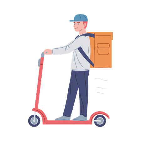 Courier with food delivery bag riding scooter  Illustration
