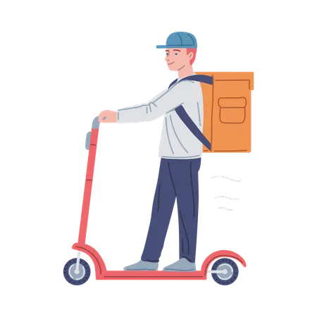 Courier with food delivery bag riding scooter  Illustration