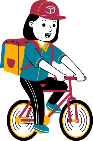 Courier woman delivers package by bicycle  Illustration