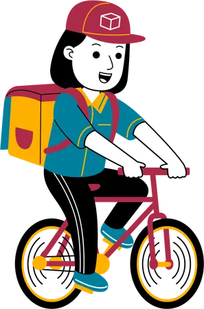 Courier woman delivers package by bicycle  Illustration