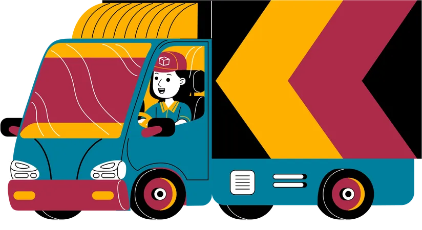 Courier Woman Delivers The Packages With A Truck Box Illustration