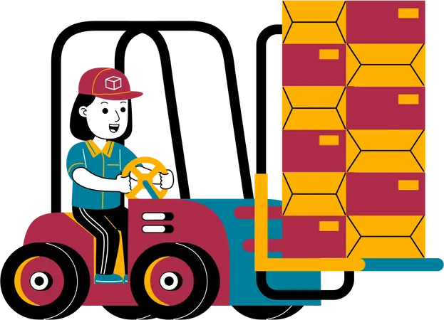 Courier woman moves packages with forklift  Illustration