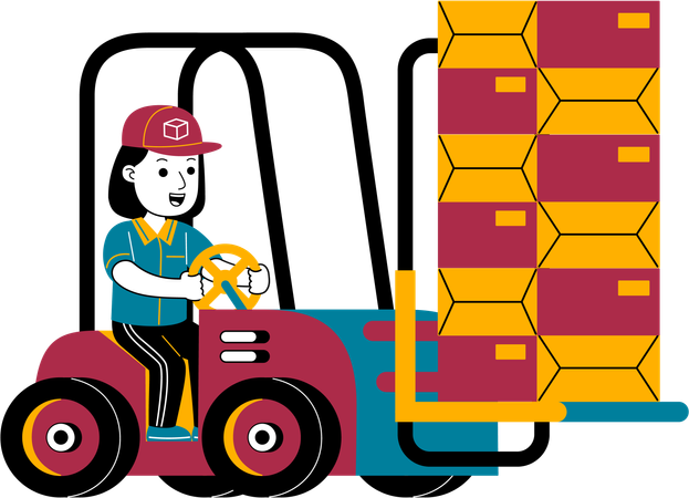 Courier woman moves packages with forklift  Illustration