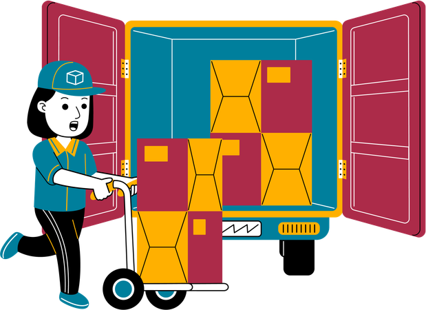 Courier woman puts package in box car  Illustration