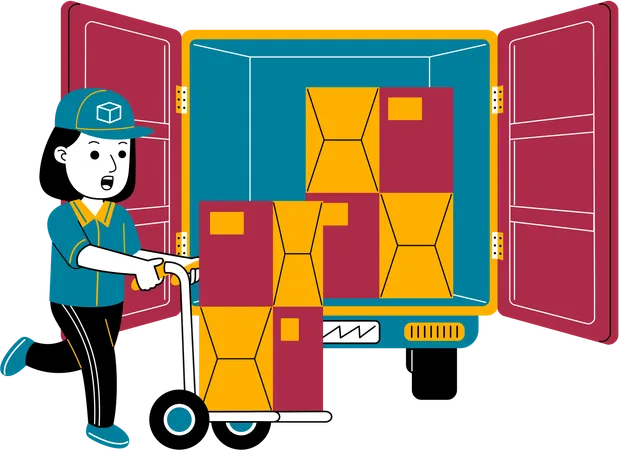 Courier Woman Puts The Package In The Box Car Illustration