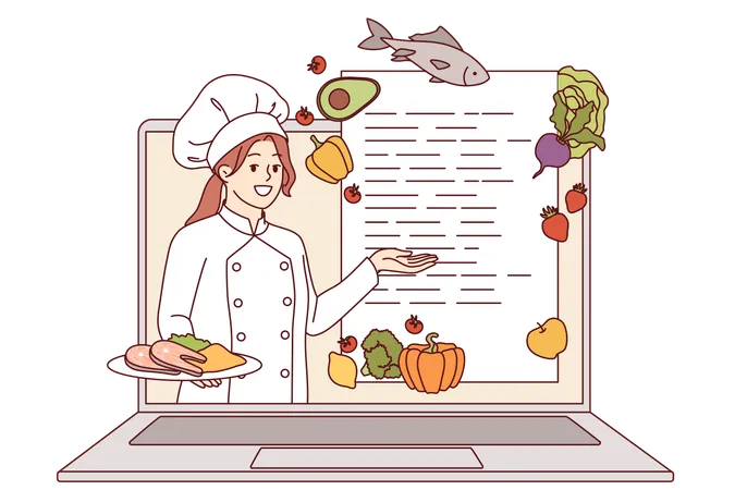 Cours de cuisine en ligne dispensé par une femme chef regardant un écran d'ordinateur portable et recommandant une recette  Illustration