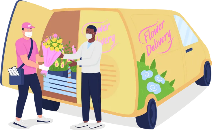 Un coursier donne des fleurs à un client près d'un camion de livraison  Illustration