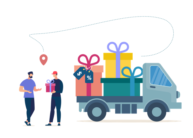 Un coursier ou un livreur est arrivé sur un camion plein de cadeaux, donnant une boîte emballée au client du magasin  Illustration