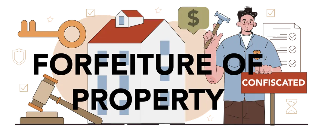 Forfeiture Of Property Typographic Header Court Officer Confiscating A Property From Owner Law Officer Execute The Decisions Of A Court Tax Fees Debtor Arrest Flat Vector Illustration Illustration