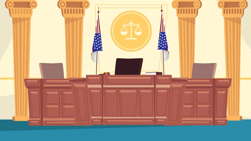 Courtroom Interior Concept In Flat Cartoon Design Judge Workplace At Huge Table Secretary S Place Flags Columns Sign Of Scales Of Justice Jurisprudence Vector Illustration Horizontal Background Illustration