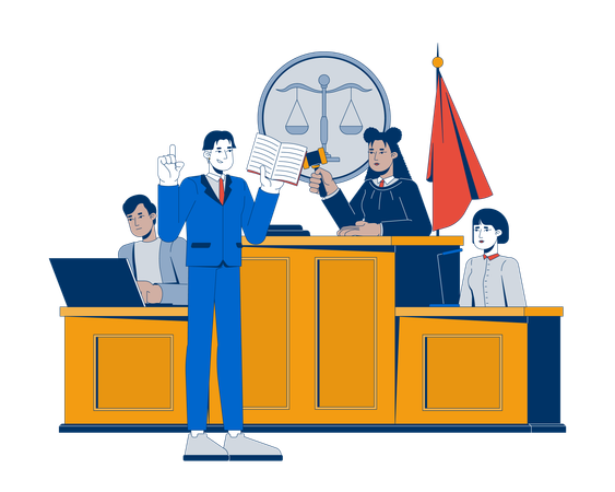 裁判官、弁護士、証人による法廷での裁判  イラスト