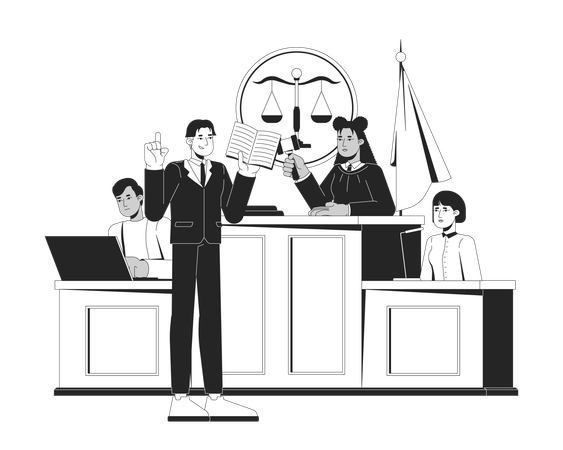 裁判官、弁護士、証人による法廷での裁判  イラスト