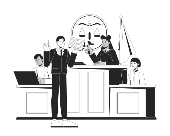 裁判官、弁護士、証人による法廷での裁判  イラスト